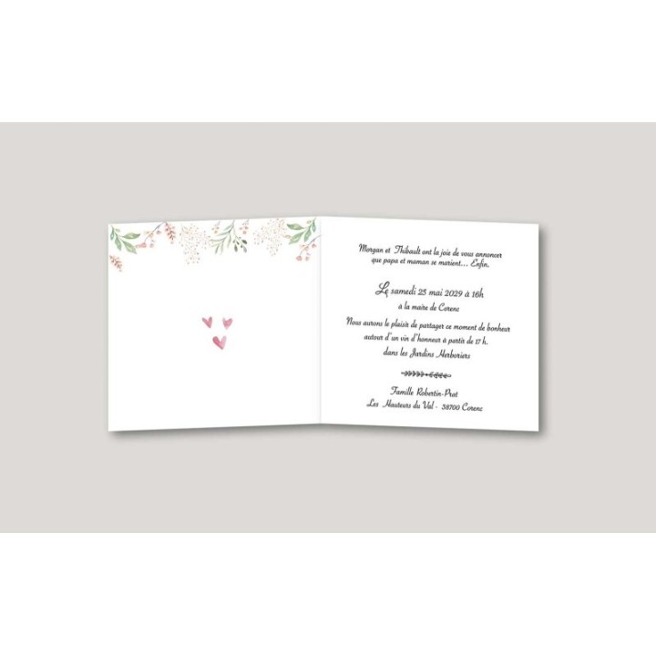 Faire part invitation mariage  jolie couronne centrale de feuillages et fleurs roses