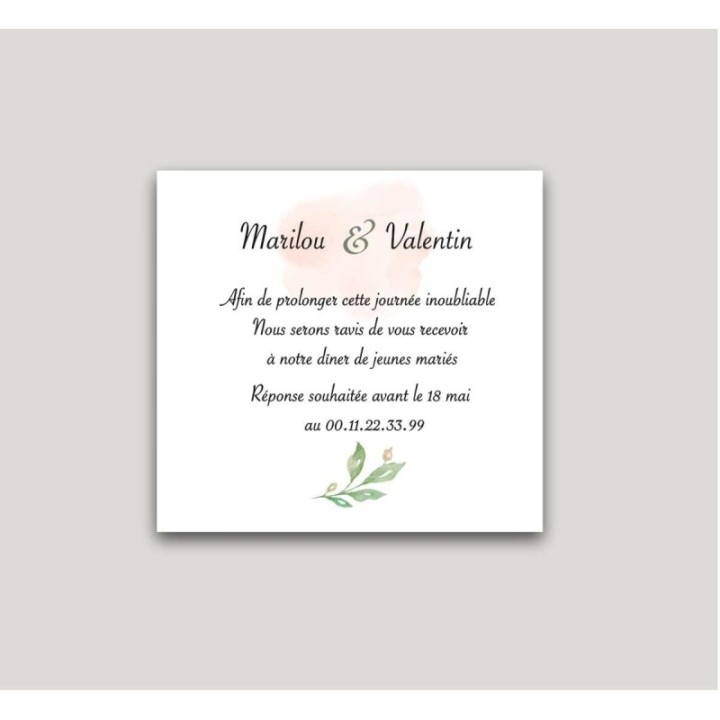 carte repas mariage blanc, feuillages et fond rose