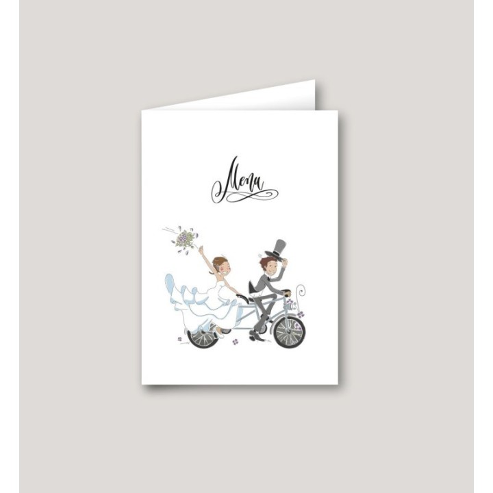 MENU,  design les mariés cyclistes design en vélo pour le mariage
