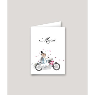 CARTON MENU DE MARIAGE DESIGN MOTARS les mariés EN MOTOS pour le mariage