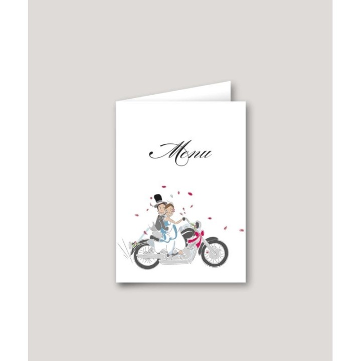 CARTON MENU DE MARIAGE DESIGN MOTARS les mariés EN MOTOS pour le mariage