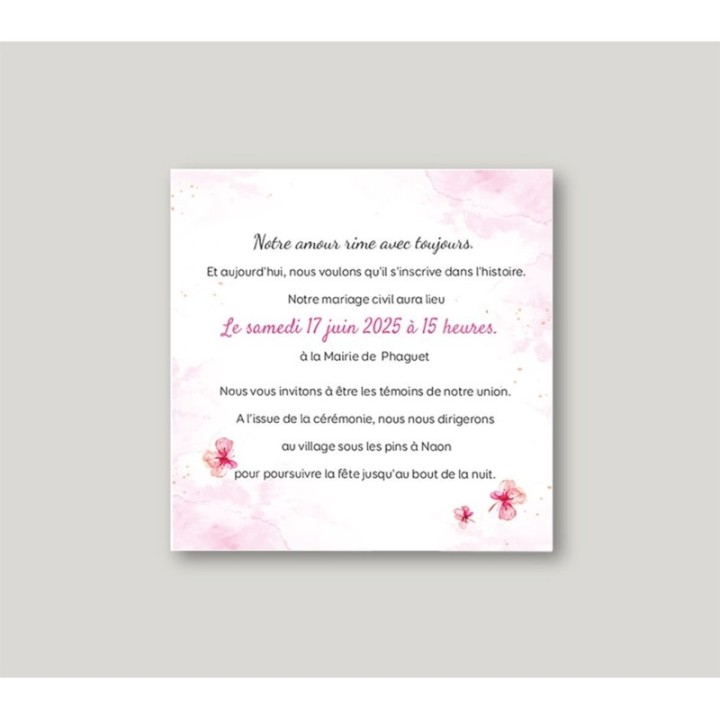 carte mariage moderne design arbre en COEUR fond ROSE ET PETITS FLEURS.