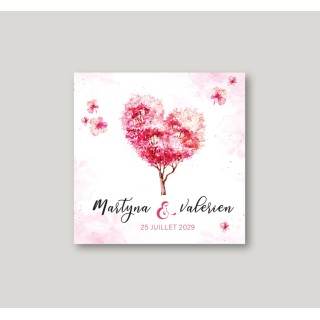 Faire part mariage moderne design arbre en COEUR fond ROSE ET PETITS FLEURS.