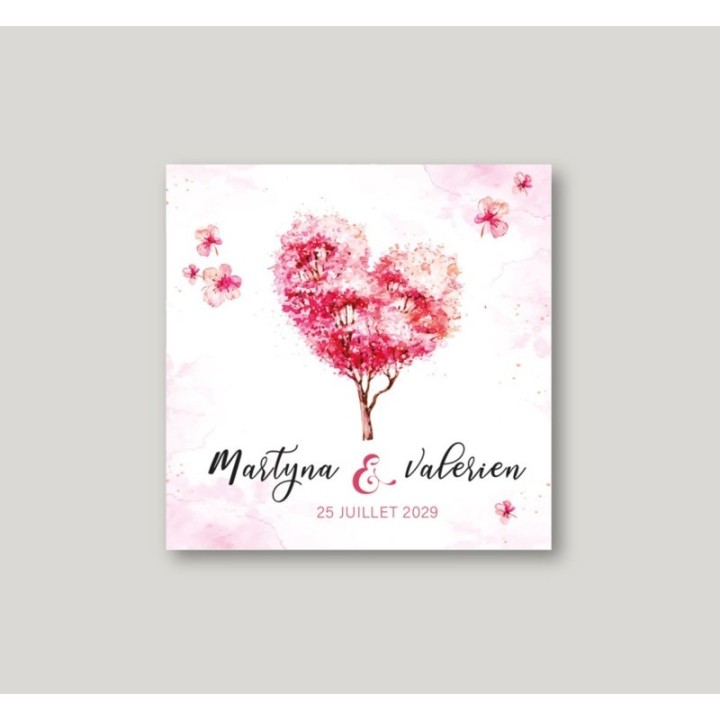 Faire part mariage moderne design arbre en COEUR fond ROSE ET PETITS FLEURS.