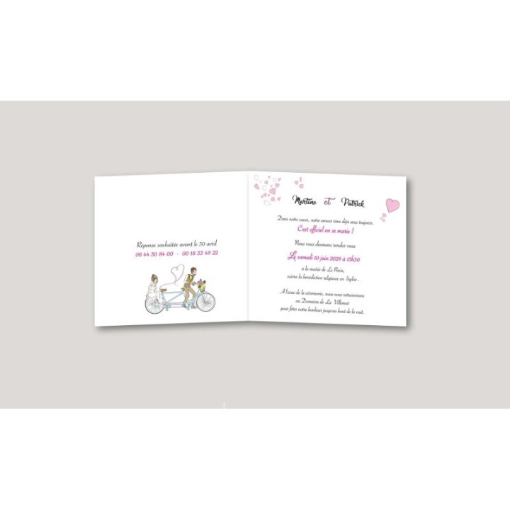 carte  MARIAGE  intemporel  TANDEN les maries EN VELO et de jolis cœurs
