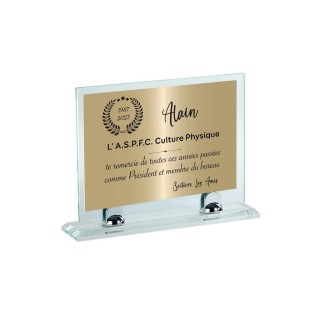 Trophée en verre luxe , plaque verre de 10 mm posée sur charnière argent  chromé