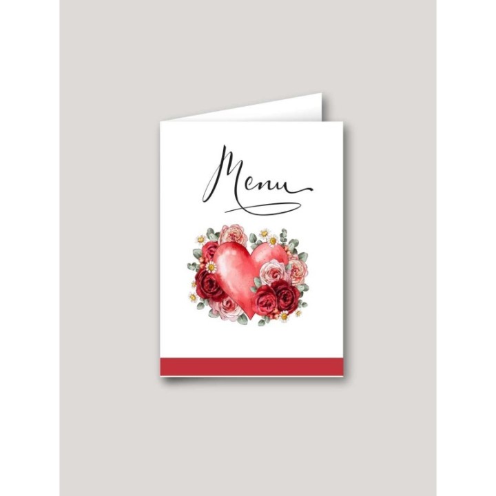 Menu mariage cœurs vintage  garni de fleurs baroque, signé artiste