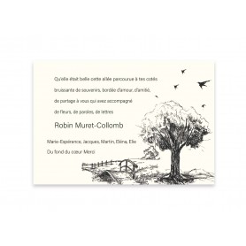 carte remerciements décès arbuste chêne esquisse noire et blanc et traversée d'un pont en bois