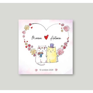 CARTE mariage 2 PETITS CHATS AMOUREUX MIGNONS moderne design HUMOUR ET COLORE
