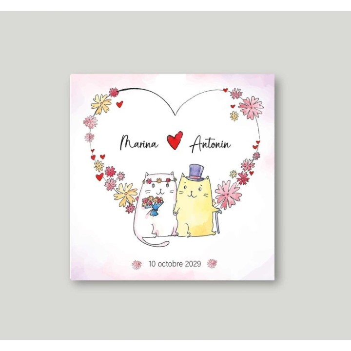 CARTE mariage 2 PETITS CHATS AMOUREUX MIGNONS moderne design HUMOUR ET COLORE