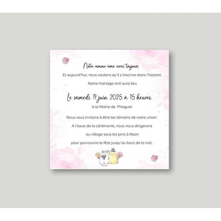 CARTE INVITATION mariage  2 PETITS CHATS MIGNONS moderne design HUMOUR ET COLORE