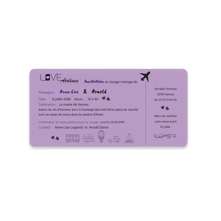 CARTE INVITATION mariage VIOLINE  BILLET DE VOYAGE POUR LES NOCES