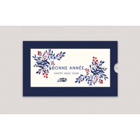 CARTE DE VŒUX pochette   bleu marine design feuillage bleu- rouge bonne année et happy new year