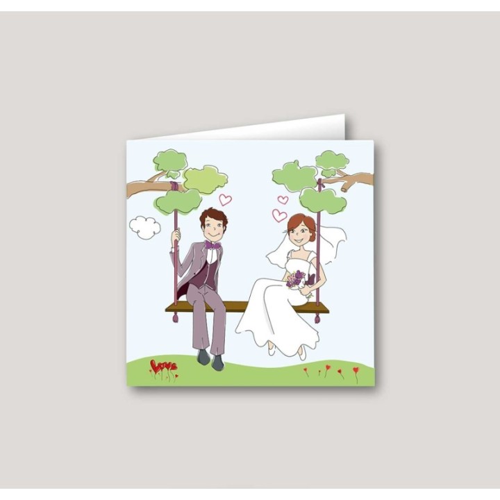 FAIRE PART MARIAGE amoureux en BALANCOIRE  paysage féerique sous les arbres