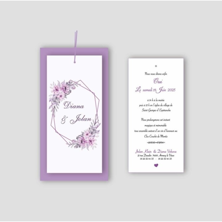 invitation MARIAGE  jolie FLEURS  en AQUARELLE VIOLETTES, assemblés de 3 feuilles