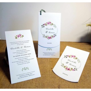 FAIRE PART MARIAGE FLORAISON OVALE 2 feuillets avec découpe dentelle