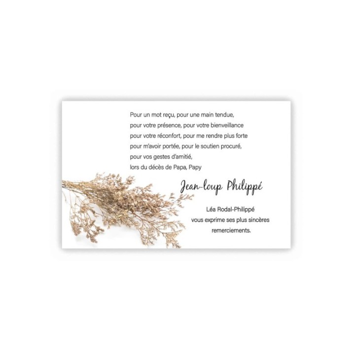 Carte remerciements décès brindilles de blé séchées
