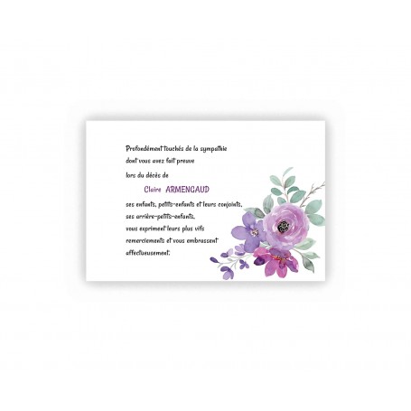 CARTE remerciements DECES ensemble de fleurs violettes aquarelle