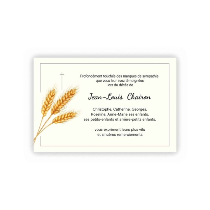 CARTE DECES BLE 3 EPIS, BLE 3 EPIS,  carte condoléances religion