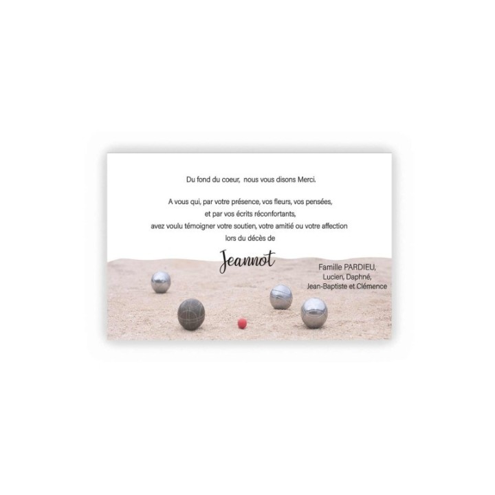 CARTE REMERCIEMENT DÉCÈS, LA PETANQUE  JOUEUR DE BOULES