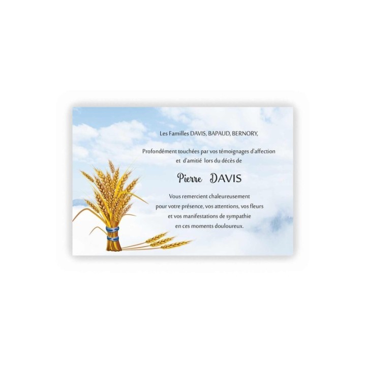 Carte remerciements décès,  GERBE DE BLE  CIEL NUAGEUX
HARMONIE CELESTE