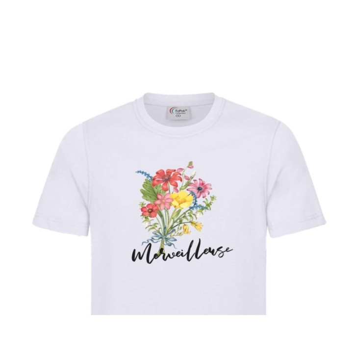 T-shirt blanc personnalise bouquet de fleurs pour maman, mamie, tata,