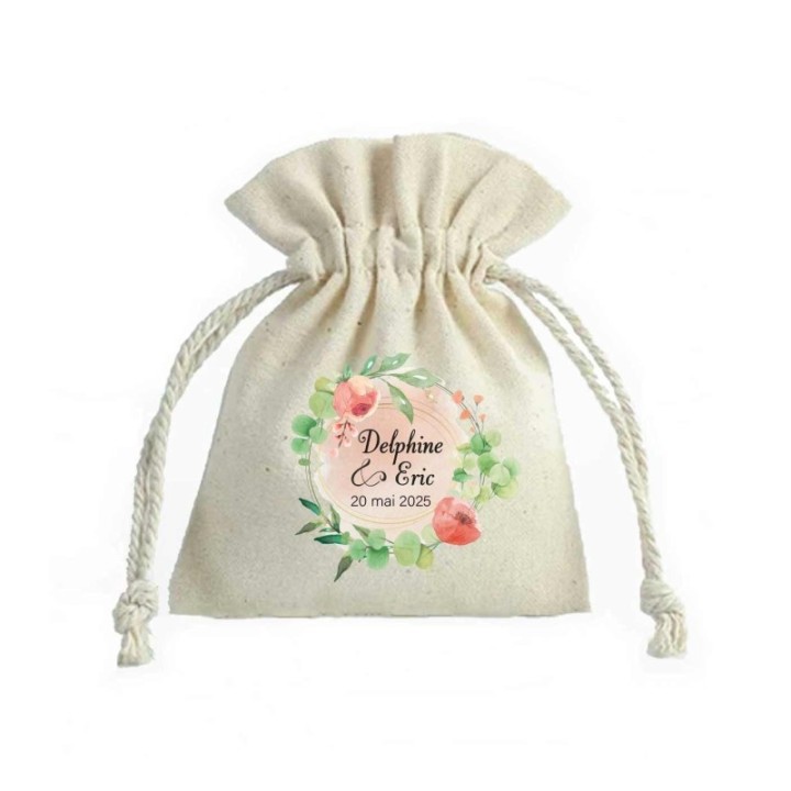 POCHON en coton naturel   personnalise couronne florale
et prénoms des maries
