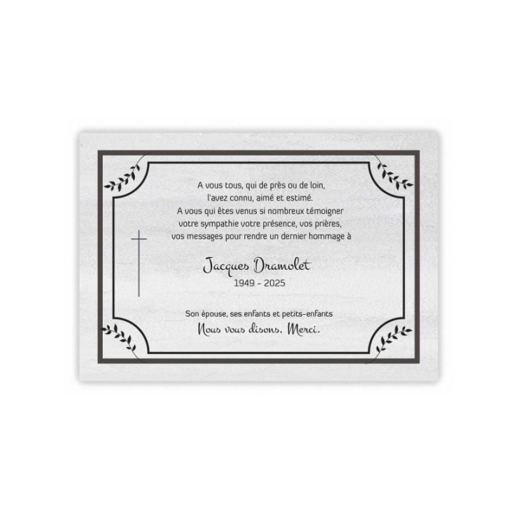 carte remerciement décès, tradition croix catholique, grise encadrement feuillage sultan