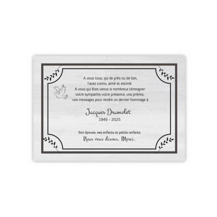 carte remerciement condoléances  colombe grise encadrement feuillage sultan
