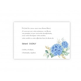 CARTE REMERCIEMENT DECES  FLEURS HORTENSIA BLEUE