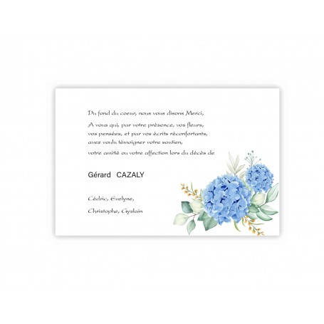 CARTE REMERCIEMENT DECES  FLEURS HORTENSIA BLEUE