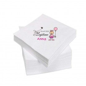 serviette de table  pour baptême fille personnalisée design rose bonbon + nom prénom