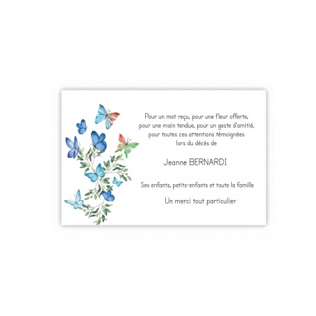 CARTE REMERCIEMENTS DÉCÈS, ENVOLEE DE PAPILLON BLEU www.imprimeur-graveur-des-alpes.fr