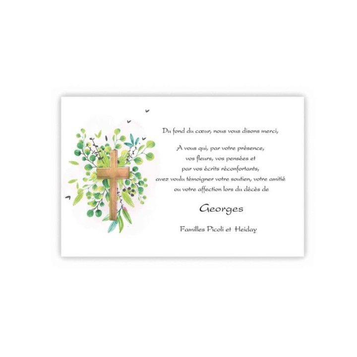 CARTE Remerciement décès  CROIX, en feuillages de cerisier st Lucie