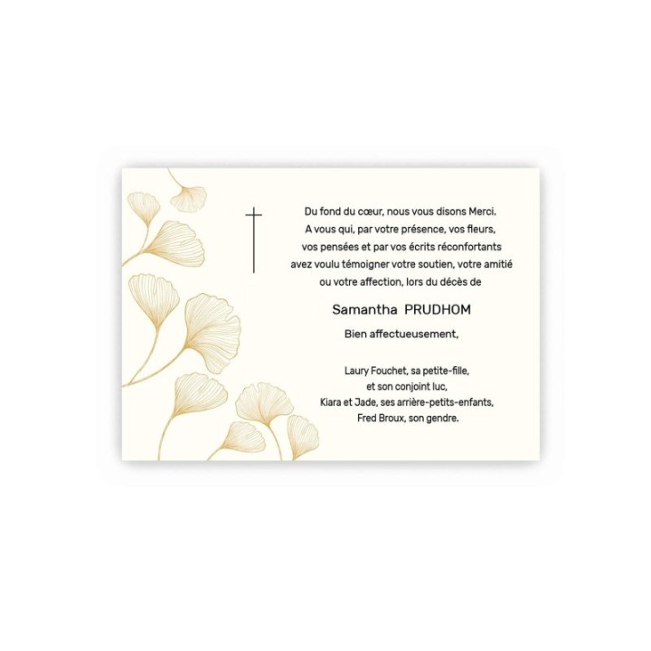 REMERCIEMENT DÉCÈS, GINKGO  FLEUR MORDORE, papier ivoire, imprimeur graveur des alpes