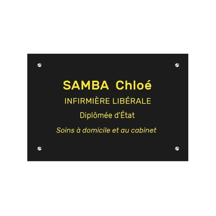 Plaque plexiglas noir, gravure lettres or,  30x20 cm  vis et cache vis laiton, imprimeur graveur des alpes