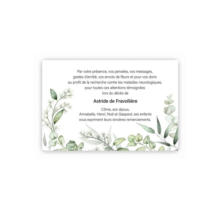 CARTE REMERCIEMENT DÉCÈS, délicat feuillage, IMPRIMEUR GRAVEUR DES ALPES
