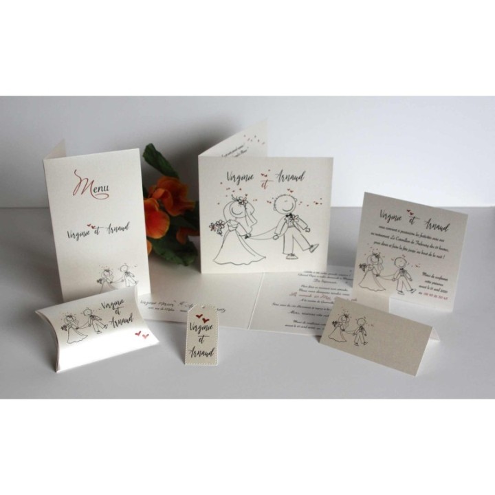 faire part mariage luxueux, HUMOUR dessin des maries PAPIER IRISE haut de gamme