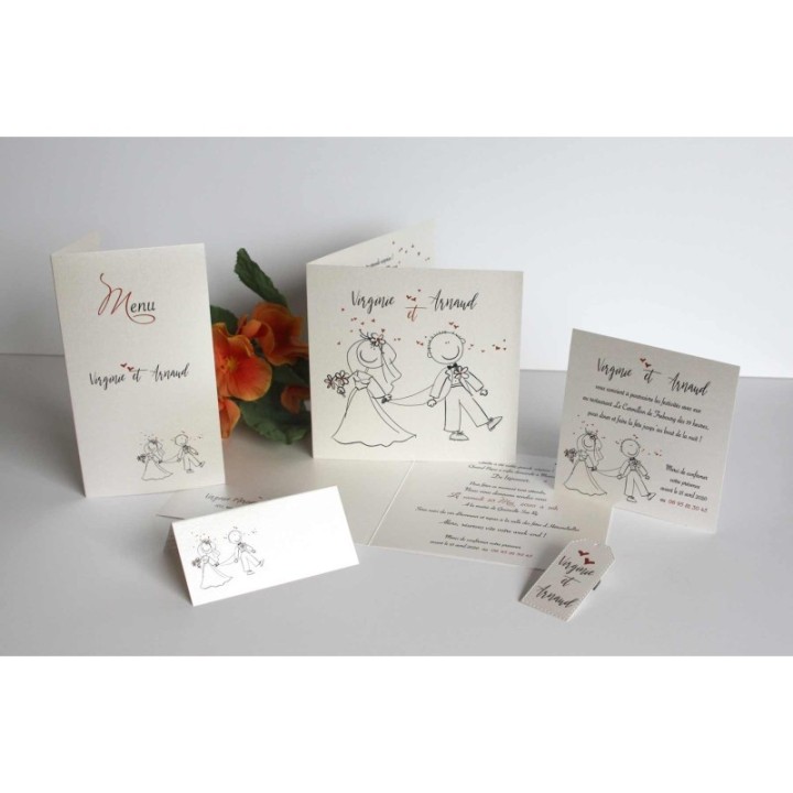 faire part mariage création unique HUMOUR dessin des maries PAPIER IRISE haut de gamme