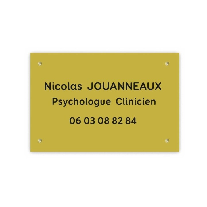 Plaque plexiglas DOREE, gravure lettres noires,  30x20 cm  vis et cache vis laiton, imprimeur graveur des alpes