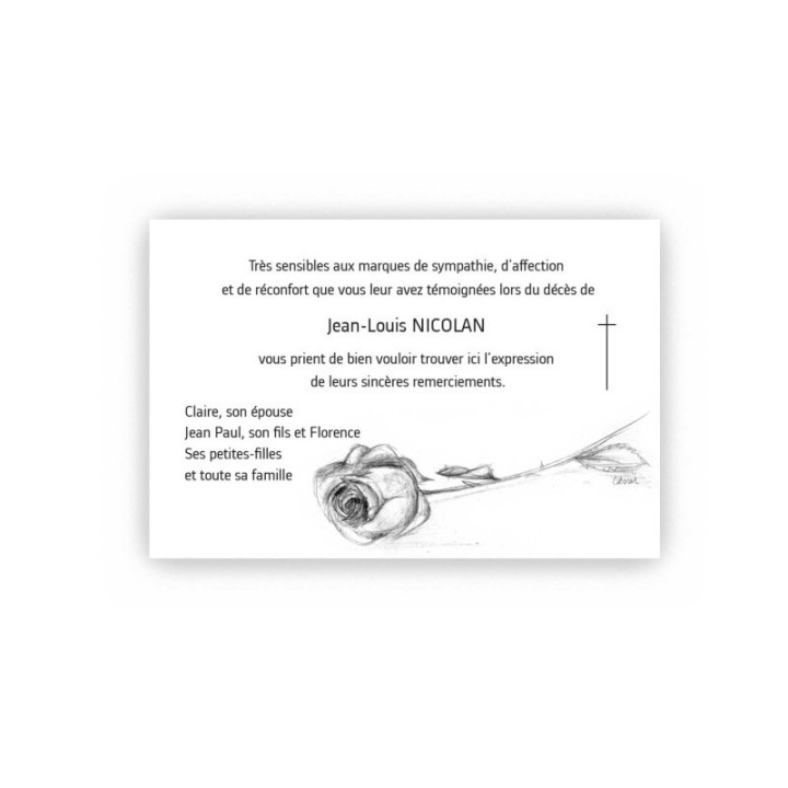 carte remerciement deuil FLEUR ARTISTE rose dessinée à la main imprimeur graveur des alpes