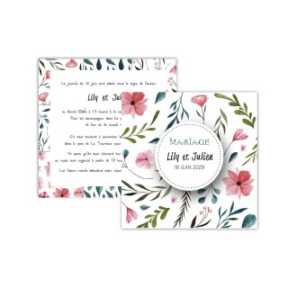 FAIRE PART MARIAGE JARDIN FLEURI, carte invitation carre imprimée recto verso