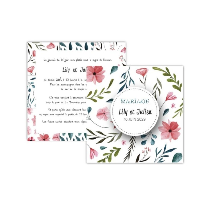 FAIRE PART MARIAGE JARDIN FLEURI, carte invitation carre imprimée recto verso