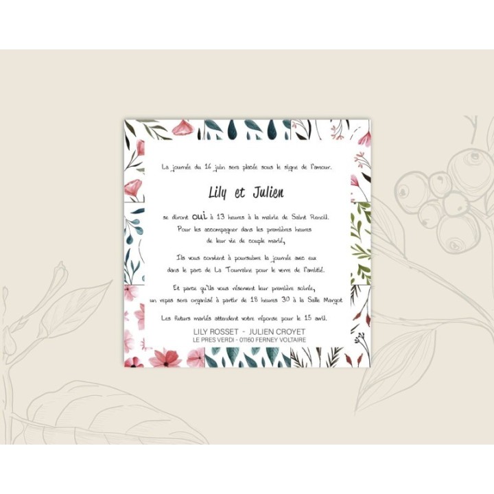 FAIRE PART MARIAGE JARDIN FLEURI, carte invitation carre imprimée recto verso