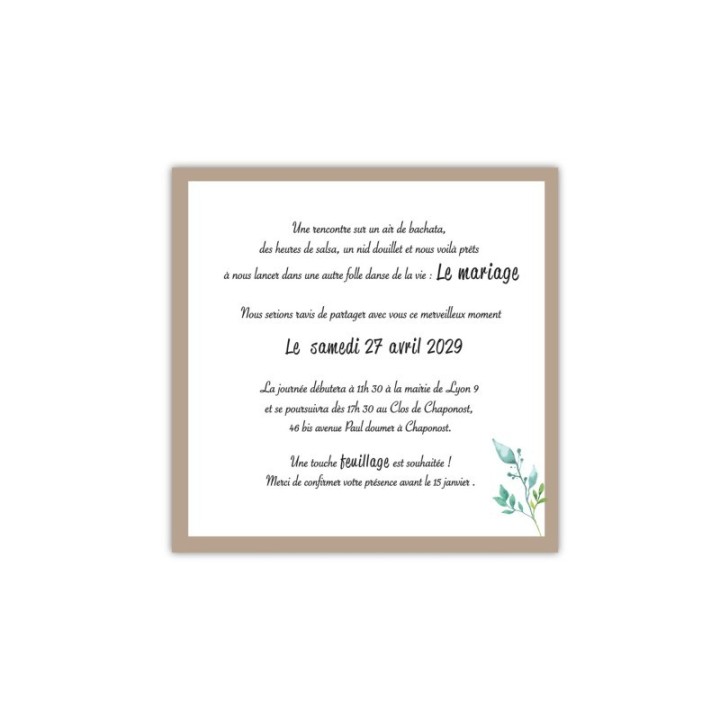 FAIRE PART invitation  MARIAGE COEUR HAWAIN EN  FEUILLAGES VERTS TENDRESSE GRENOBLE