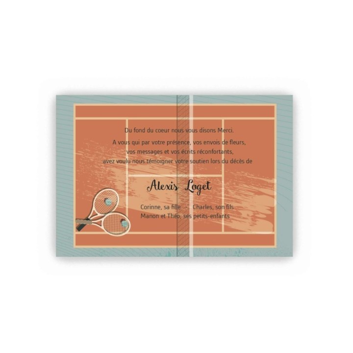 carte remerciements décès passion du  tennis, terrain de terre battue