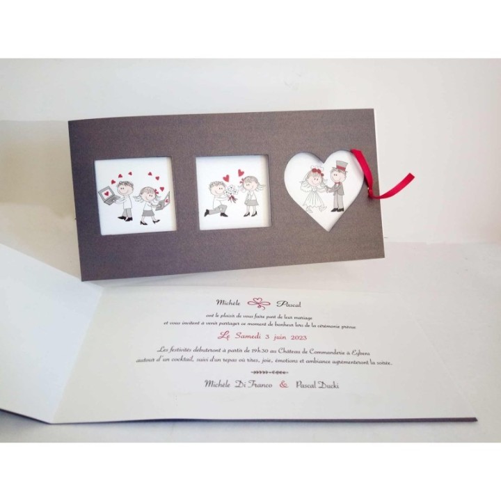 INVITATION  mariage IRISE CENDRE  CHIC  3 FENETRES ET UN COEUR