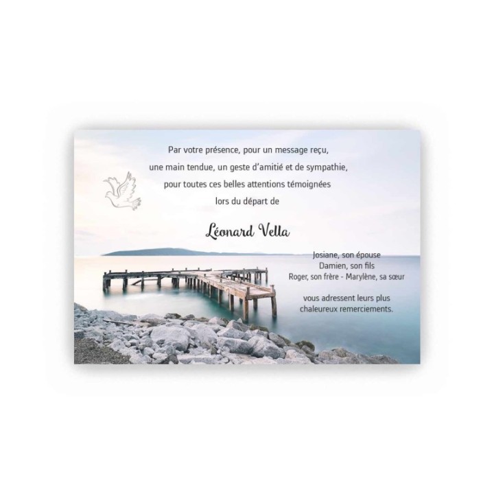 carte remerciements décès ponton paysage du bord de  mer et colombe de la paix