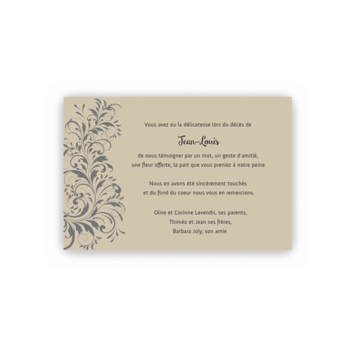 carte remerciements décès personnalise, EN PAPIER KRAFT arabesque d'ART, imprimeur-graveur-des-alpes.fr