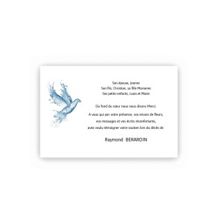 CARTE REMERCIEMENTS DÉCÈS, COLOMBE BLEUTÉE  ARTISTE